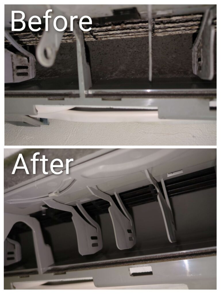 横浜市港南区のダイキン製エアコン。分解洗浄前後の写真。分解洗浄後は新品のような輝き。