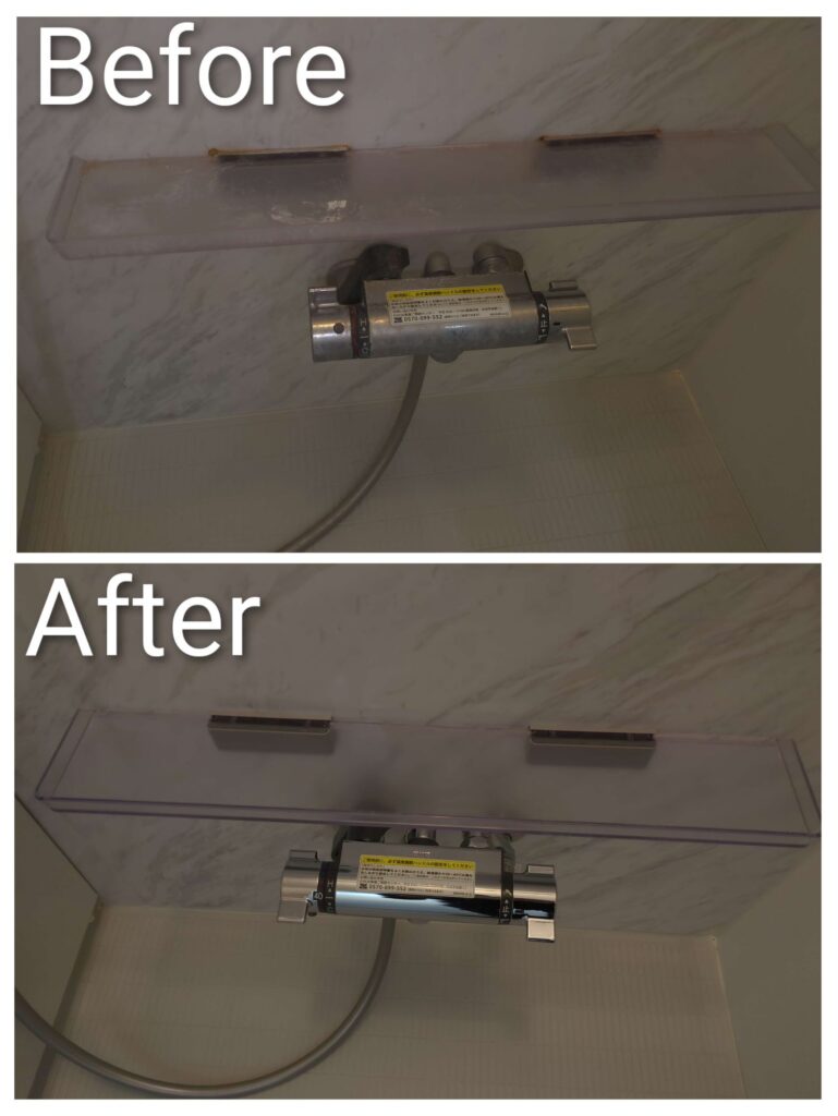 横浜市中区の浴室で石鹸カスと水垢が除去され輝きを取り戻した水栓廻り