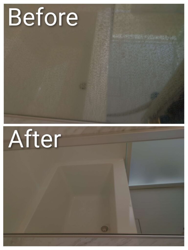 横浜市中区の浴室で鏡の鱗取りの作業前と後の綺麗になった様子