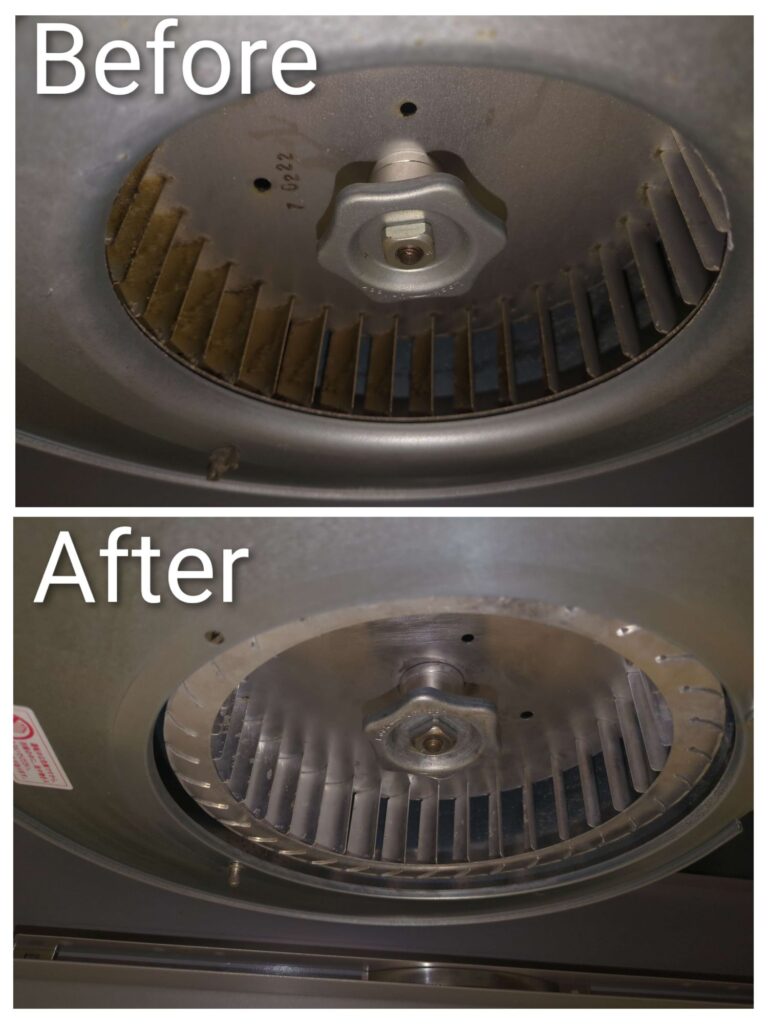 横浜市港南区のレンジフード分解洗浄で輝きを取り戻したシロッコファンの作業前後の様子