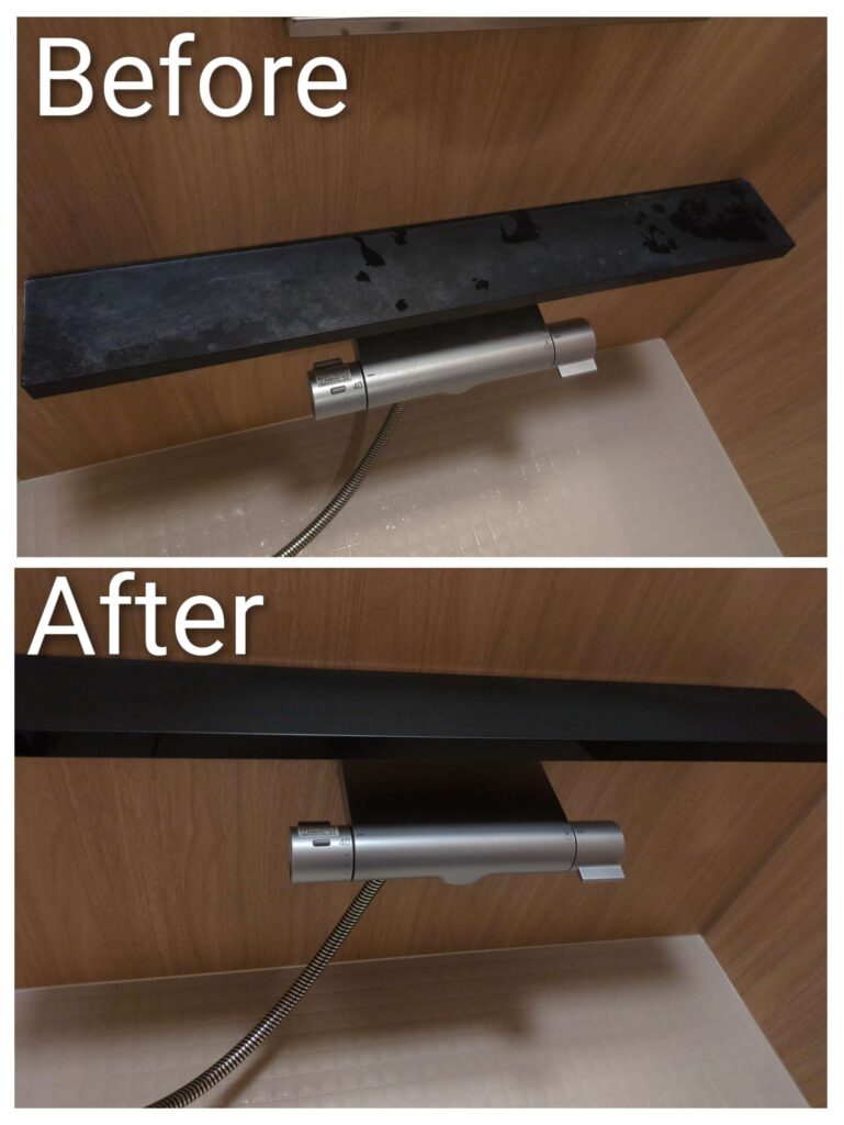 浴室カウンターの靄っとした汚れを除去した作業前後の写真