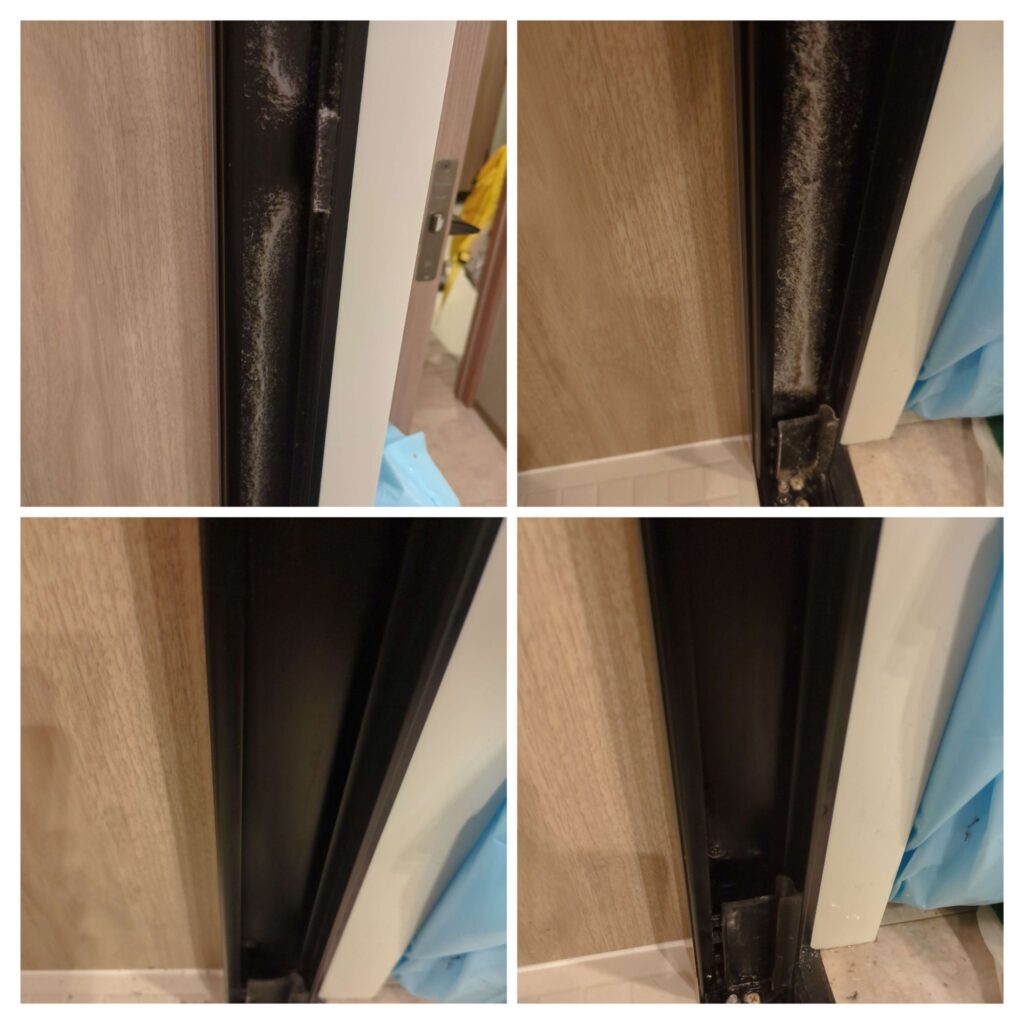浴室扉取り付け部の埃を除去した作業前後の写真