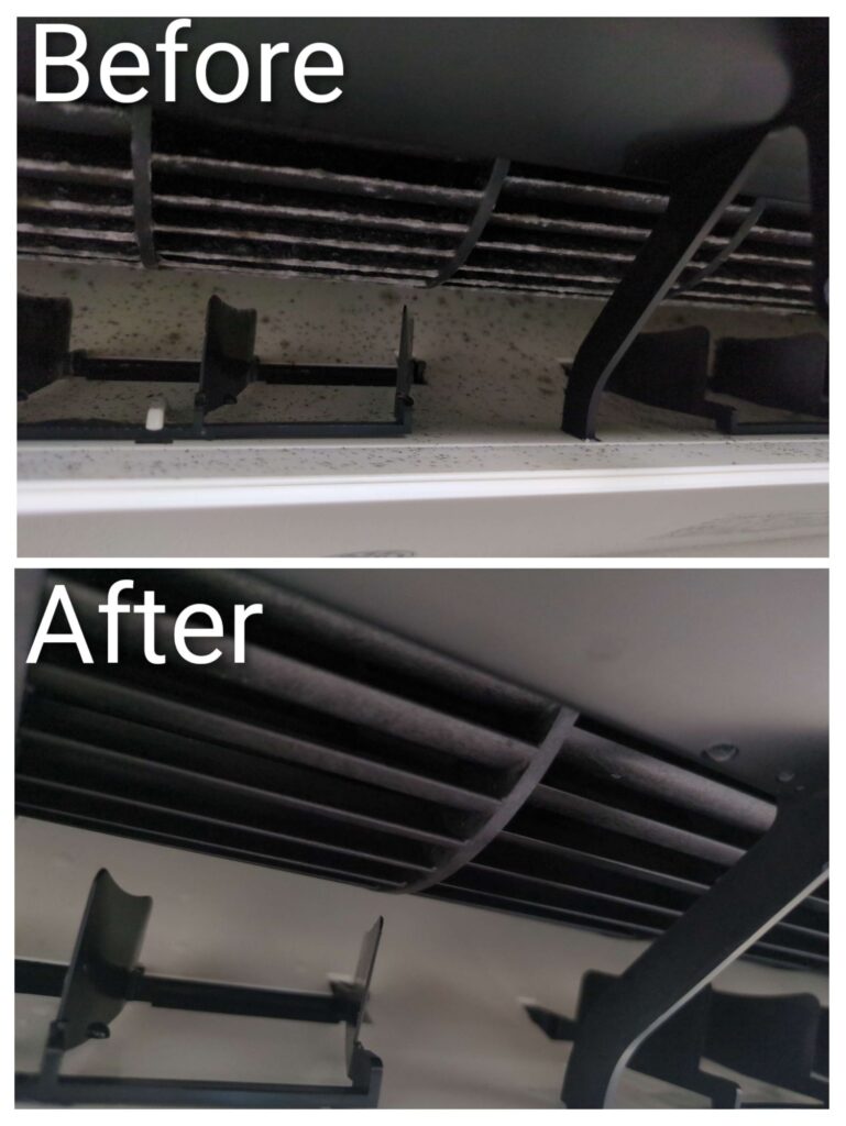 横浜市保土ヶ谷区で黒カビが付着した寝室エアコンの分解洗浄前後の写真