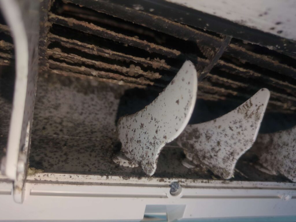 横浜市鶴見区で東芝製エアコンのエアコンクリーニングを行う前の黒カビがびっしりと付着して真っ黒になっているエアコン送風口