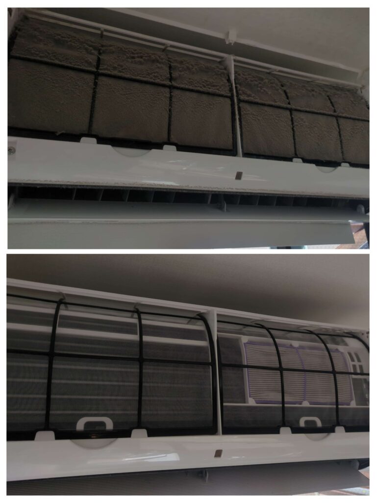 横浜市緑区のダイキン製エアコンの分解洗浄前後のエアコンフィルターの様子