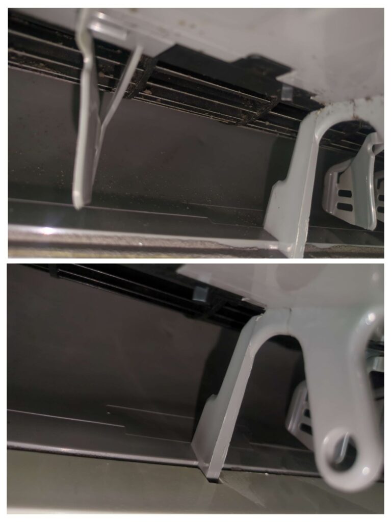 横浜市緑区のテラスハウスでダイキン製エアコンのエアコン分解洗浄前後の送風口の様子