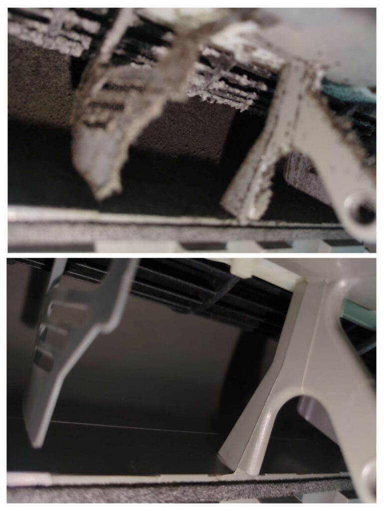 横浜市鶴見区でエアコン分解洗浄前後の送風口の様子