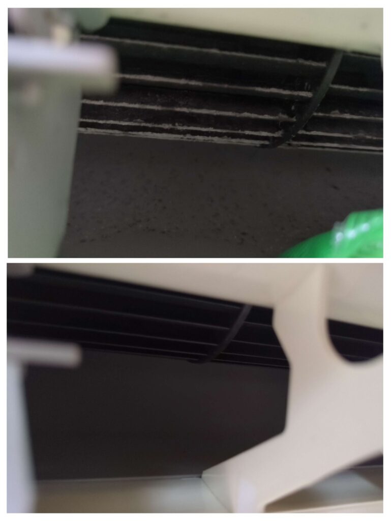 川崎市川崎区でパナソニック製スタンダードエアコンのエアコン分解洗浄前後の送風口の様子