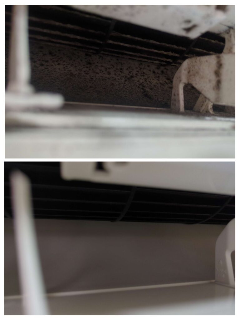 横浜市西区でシャープ製スタンダードエアコンの分解洗浄前後の送風口の様子